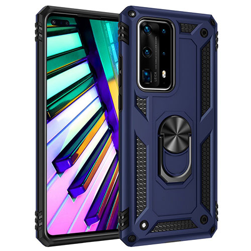 Silicone Matte Finish and Plastic Back Cover Case with Magnetic Finger Ring Stand C01 for Huawei P40 Pro+ Plus Blue