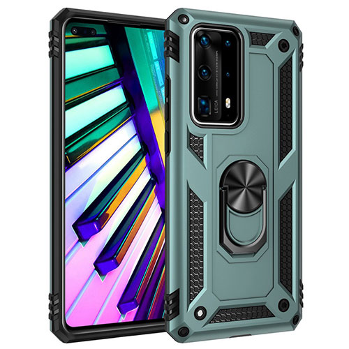 Silicone Matte Finish and Plastic Back Cover Case with Magnetic Finger Ring Stand C01 for Huawei P40 Pro+ Plus Green