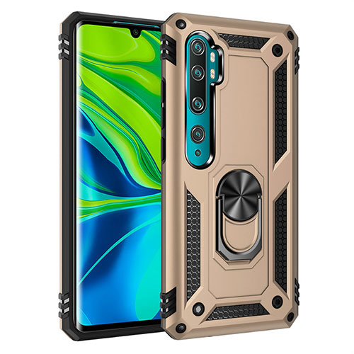 Silicone Matte Finish and Plastic Back Cover Case with Magnetic Finger Ring Stand D01 for Xiaomi Mi Note 10 Gold