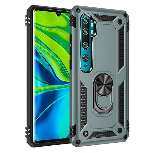 Silicone Matte Finish and Plastic Back Cover Case with Magnetic Finger Ring Stand D01 for Xiaomi Mi Note 10 Green