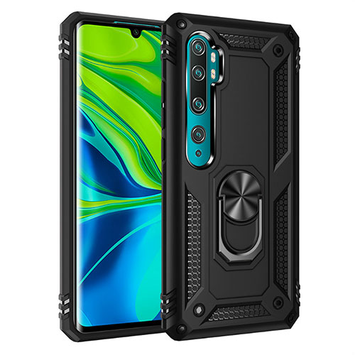Silicone Matte Finish and Plastic Back Cover Case with Magnetic Finger Ring Stand D01 for Xiaomi Mi Note 10 Pro Black