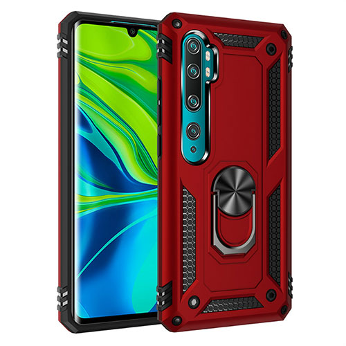 Silicone Matte Finish and Plastic Back Cover Case with Magnetic Finger Ring Stand D01 for Xiaomi Mi Note 10 Pro Red