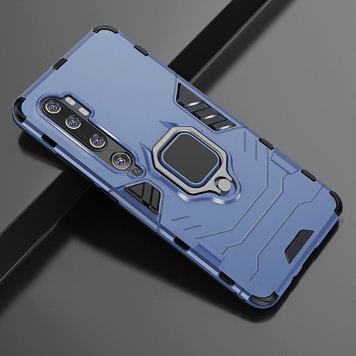Silicone Matte Finish and Plastic Back Cover Case with Magnetic Finger Ring Stand D02 for Xiaomi Mi Note 10 Blue