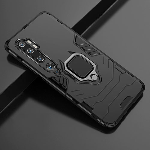 Silicone Matte Finish and Plastic Back Cover Case with Magnetic Finger Ring Stand D02 for Xiaomi Mi Note 10 Pro Black
