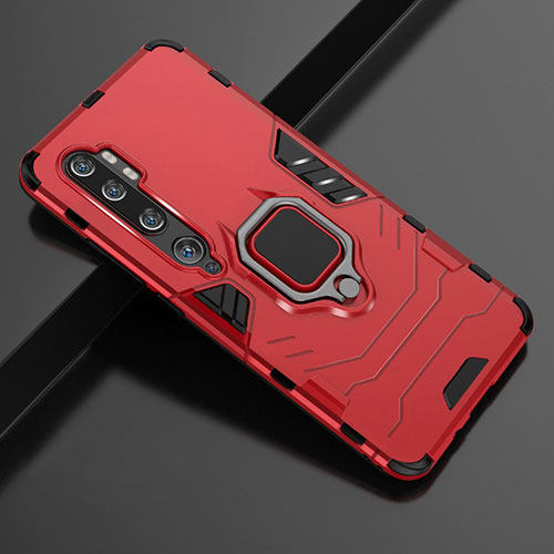 Silicone Matte Finish and Plastic Back Cover Case with Magnetic Finger Ring Stand D02 for Xiaomi Mi Note 10 Red