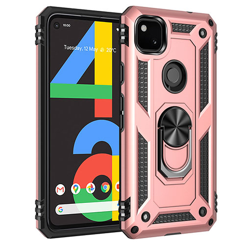 Silicone Matte Finish and Plastic Back Cover Case with Magnetic Finger Ring Stand for Google Pixel 4a Rose Gold