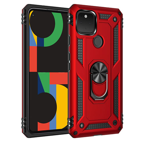 Silicone Matte Finish and Plastic Back Cover Case with Magnetic Finger Ring Stand for Google Pixel 5 Red