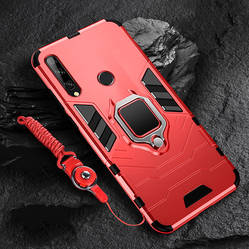 Silicone Matte Finish and Plastic Back Cover Case with Magnetic Finger Ring Stand for Huawei Enjoy 10 Plus Red