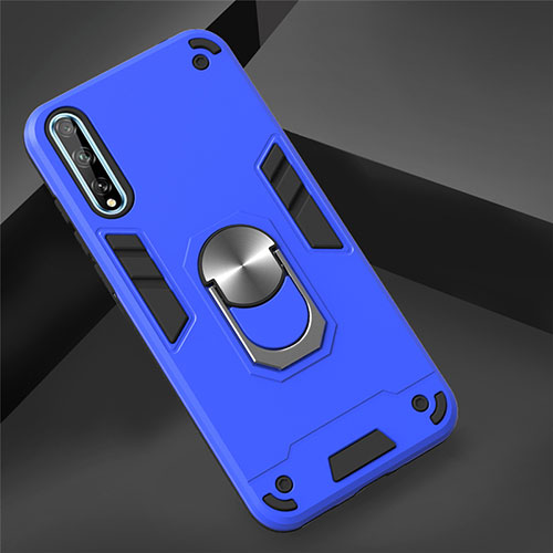 Silicone Matte Finish and Plastic Back Cover Case with Magnetic Finger Ring Stand for Huawei Enjoy 10S Blue