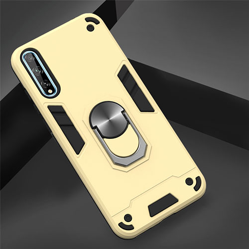 Silicone Matte Finish and Plastic Back Cover Case with Magnetic Finger Ring Stand for Huawei Enjoy 10S Gold