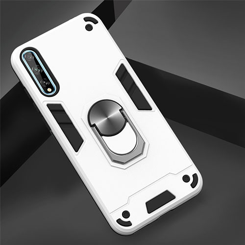 Silicone Matte Finish and Plastic Back Cover Case with Magnetic Finger Ring Stand for Huawei Enjoy 10S White