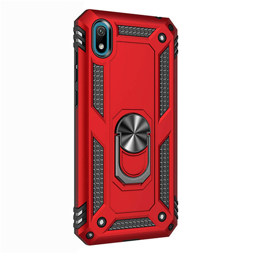 Silicone Matte Finish and Plastic Back Cover Case with Magnetic Finger Ring Stand for Huawei Enjoy 8S Red