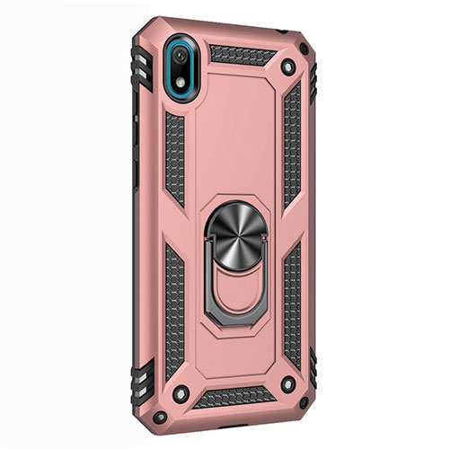 Silicone Matte Finish and Plastic Back Cover Case with Magnetic Finger Ring Stand for Huawei Enjoy 8S Rose Gold