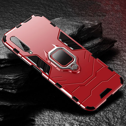 Silicone Matte Finish and Plastic Back Cover Case with Magnetic Finger Ring Stand for Huawei Honor 9X Pro Red