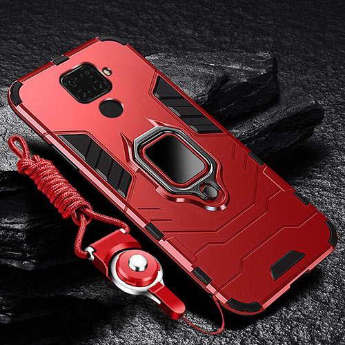 Silicone Matte Finish and Plastic Back Cover Case with Magnetic Finger Ring Stand for Huawei Mate 30 Lite Red