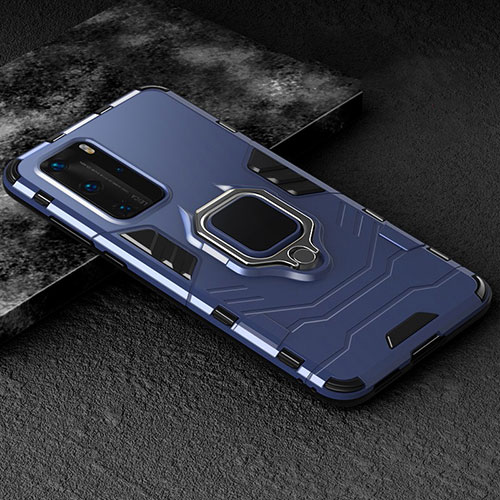 Silicone Matte Finish and Plastic Back Cover Case with Magnetic Finger Ring Stand for Huawei P40 Pro Blue
