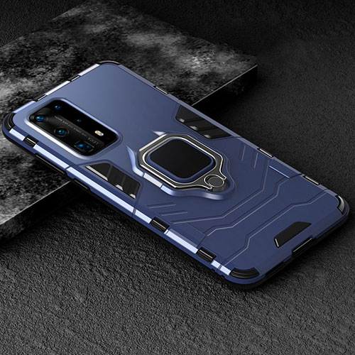 Silicone Matte Finish and Plastic Back Cover Case with Magnetic Finger Ring Stand for Huawei P40 Pro+ Plus Blue