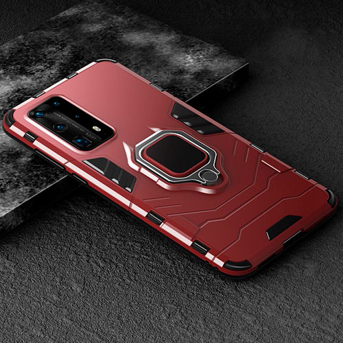 Silicone Matte Finish and Plastic Back Cover Case with Magnetic Finger Ring Stand for Huawei P40 Pro+ Plus Red