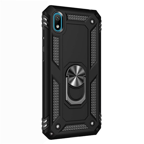 Silicone Matte Finish and Plastic Back Cover Case with Magnetic Finger Ring Stand for Huawei Y5 (2019) Black