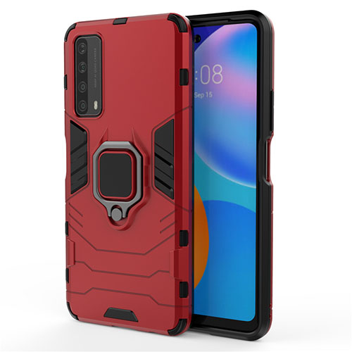 Silicone Matte Finish and Plastic Back Cover Case with Magnetic Finger Ring Stand for Huawei Y7a Red