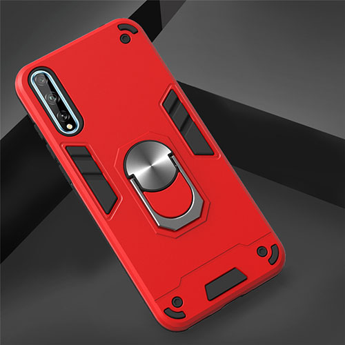Silicone Matte Finish and Plastic Back Cover Case with Magnetic Finger Ring Stand for Huawei Y8p Red