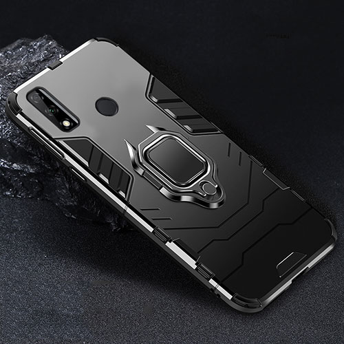 Silicone Matte Finish and Plastic Back Cover Case with Magnetic Finger Ring Stand for Huawei Y8s Black