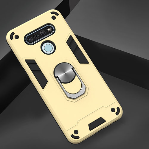 Silicone Matte Finish and Plastic Back Cover Case with Magnetic Finger Ring Stand for LG K51 Gold