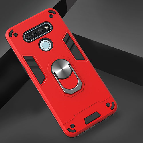 Silicone Matte Finish and Plastic Back Cover Case with Magnetic Finger Ring Stand for LG K51 Red