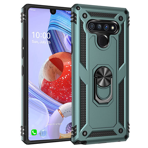 Silicone Matte Finish and Plastic Back Cover Case with Magnetic Finger Ring Stand for LG Stylo 6 Matcha Green