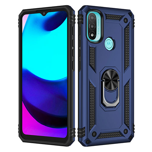 Silicone Matte Finish and Plastic Back Cover Case with Magnetic Finger Ring Stand for Motorola Moto E40 Blue