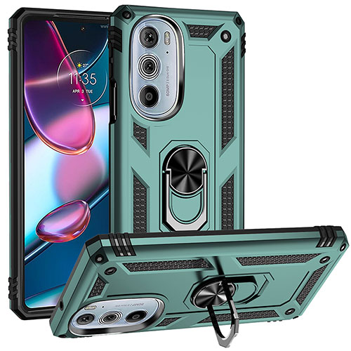 Silicone Matte Finish and Plastic Back Cover Case with Magnetic Finger Ring Stand for Motorola Moto Edge 30 Pro 5G Green