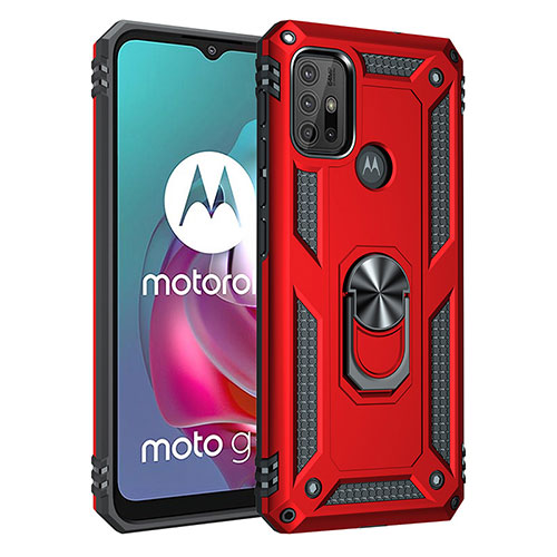 Silicone Matte Finish and Plastic Back Cover Case with Magnetic Finger Ring Stand for Motorola Moto G10 Power Red