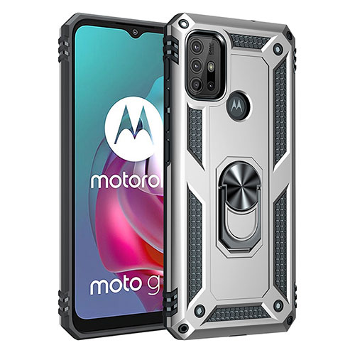 Silicone Matte Finish and Plastic Back Cover Case with Magnetic Finger Ring Stand for Motorola Moto G10 Power Silver