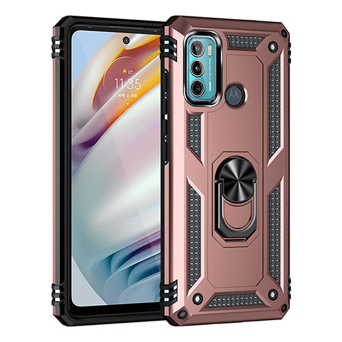 Silicone Matte Finish and Plastic Back Cover Case with Magnetic Finger Ring Stand for Motorola Moto G40 Fusion Rose Gold