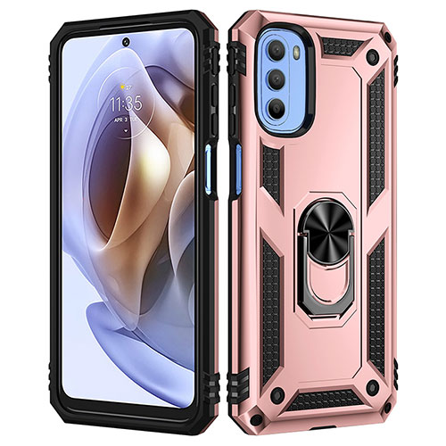 Silicone Matte Finish and Plastic Back Cover Case with Magnetic Finger Ring Stand for Motorola Moto G41 Rose Gold
