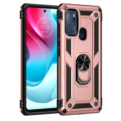 Silicone Matte Finish and Plastic Back Cover Case with Magnetic Finger Ring Stand for Motorola Moto G60s Rose Gold