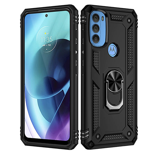 Silicone Matte Finish and Plastic Back Cover Case with Magnetic Finger Ring Stand for Motorola Moto G71 5G Black