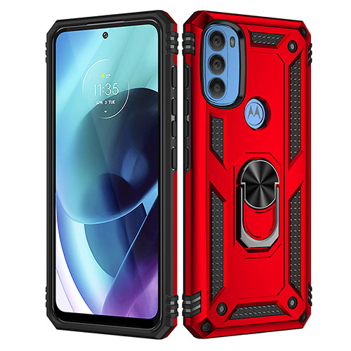 Silicone Matte Finish and Plastic Back Cover Case with Magnetic Finger Ring Stand for Motorola Moto G71 5G Red