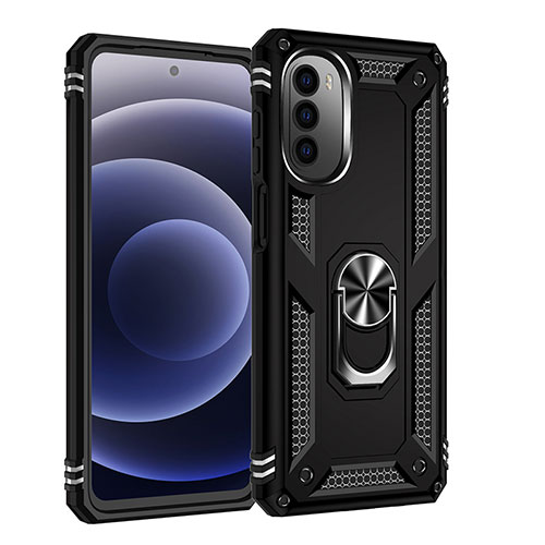 Silicone Matte Finish and Plastic Back Cover Case with Magnetic Finger Ring Stand for Motorola Moto G71s 5G Black