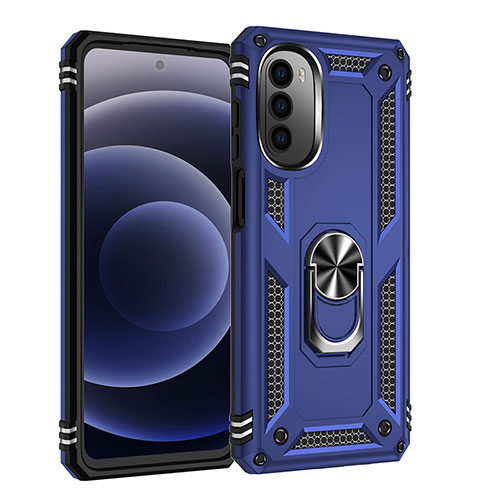 Silicone Matte Finish and Plastic Back Cover Case with Magnetic Finger Ring Stand for Motorola Moto G71s 5G Blue