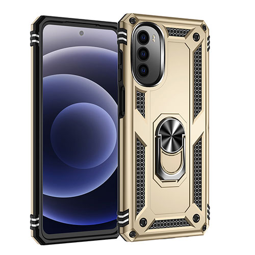 Silicone Matte Finish and Plastic Back Cover Case with Magnetic Finger Ring Stand for Motorola Moto G71s 5G Gold