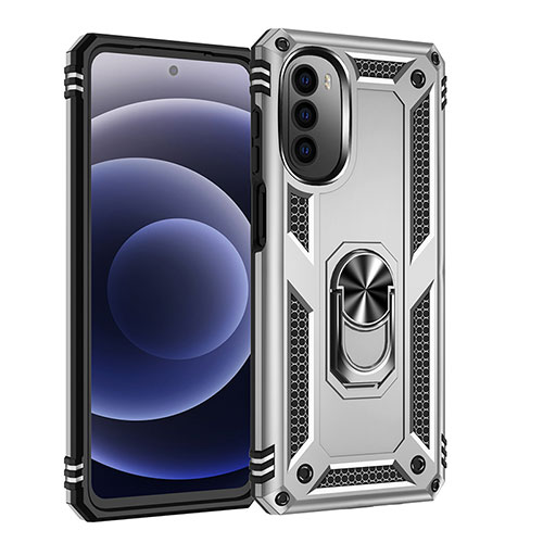 Silicone Matte Finish and Plastic Back Cover Case with Magnetic Finger Ring Stand for Motorola Moto G71s 5G Silver