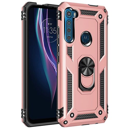 Silicone Matte Finish and Plastic Back Cover Case with Magnetic Finger Ring Stand for Motorola Moto One Fusion Plus Rose Gold