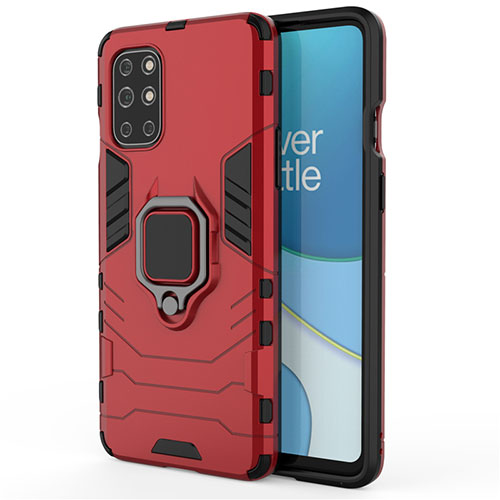 Silicone Matte Finish and Plastic Back Cover Case with Magnetic Finger Ring Stand for OnePlus 8T 5G Red