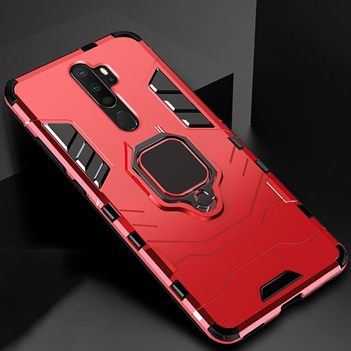 Silicone Matte Finish and Plastic Back Cover Case with Magnetic Finger Ring Stand for Oppo A9 (2020) Red