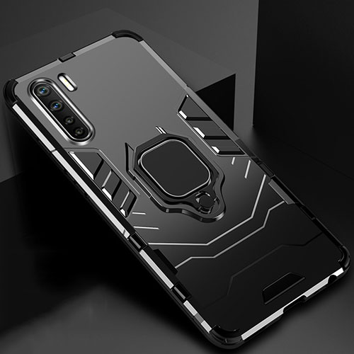 Silicone Matte Finish and Plastic Back Cover Case with Magnetic Finger Ring Stand for Oppo A91 Black
