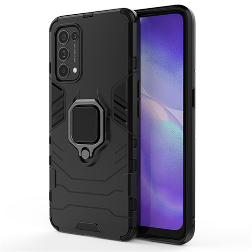 Silicone Matte Finish and Plastic Back Cover Case with Magnetic Finger Ring Stand for Oppo Find X3 Lite 5G Black