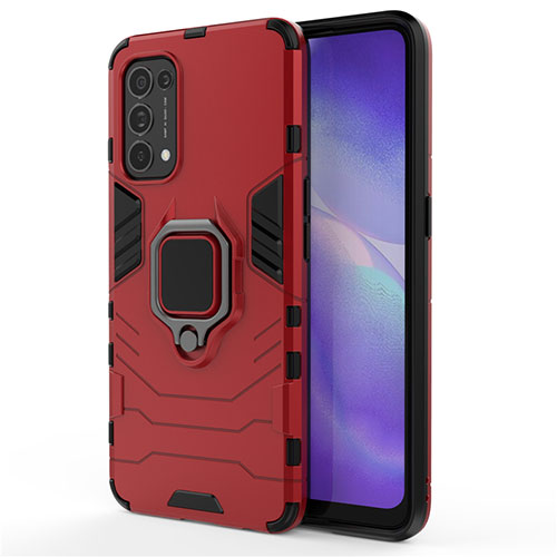 Silicone Matte Finish and Plastic Back Cover Case with Magnetic Finger Ring Stand for Oppo Find X3 Lite 5G Red