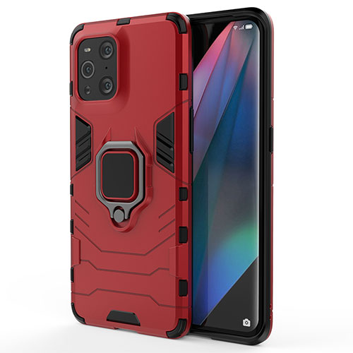 Silicone Matte Finish and Plastic Back Cover Case with Magnetic Finger Ring Stand for Oppo Find X3 Pro 5G Red