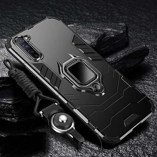 Silicone Matte Finish and Plastic Back Cover Case with Magnetic Finger Ring Stand for Oppo K7 5G Black